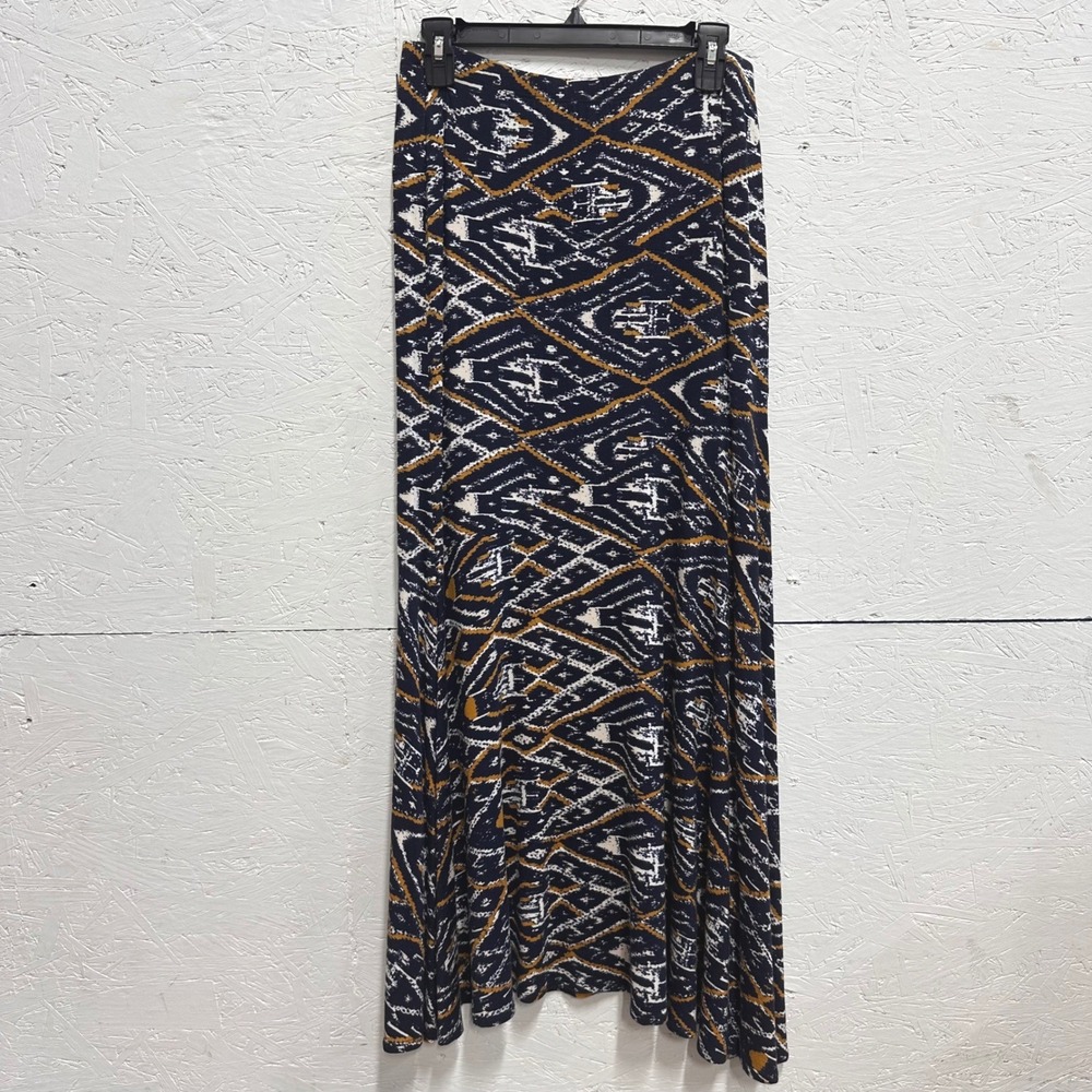 Karen Kane S Maxi Skirt Navy Gold Geometric Comfort Boho Travel Asymmetrical NWT